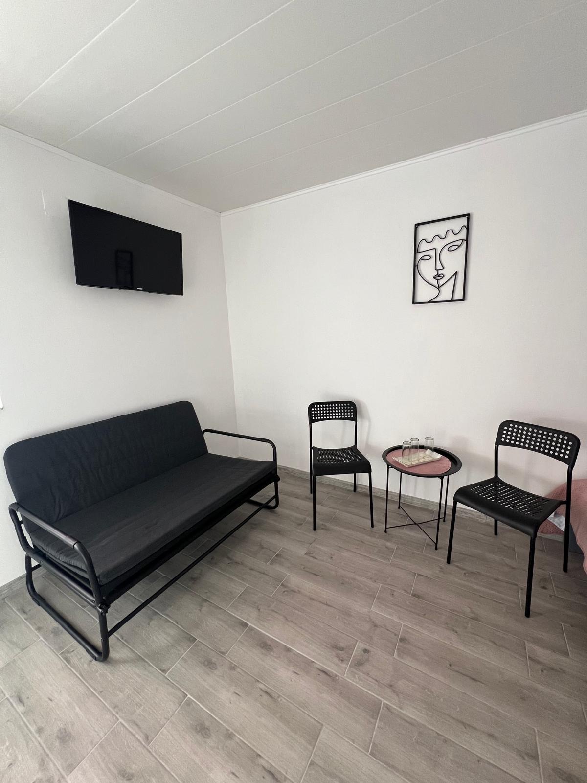 Zona de relaxare cu TV si scaune in camera de la Radel House Costinesti